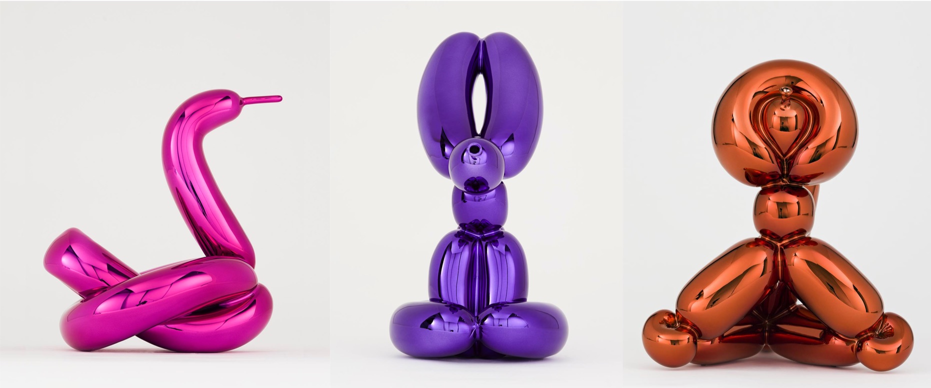 Jeff Koons - Balloon Rabbit (Violet), Balloon Swan (Magenta) and Balloon Monkey (Orange)