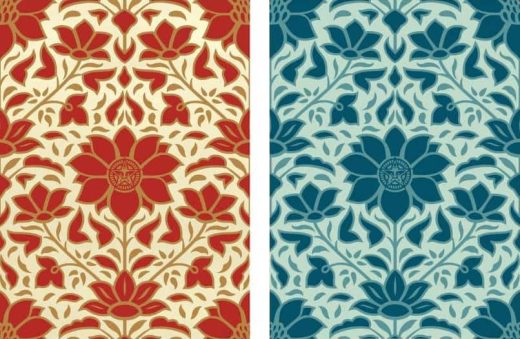 Shepard Fairey - Obey Deco Floral Pattern Red and Blue.